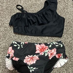 Kids Black Floral Swim Set
